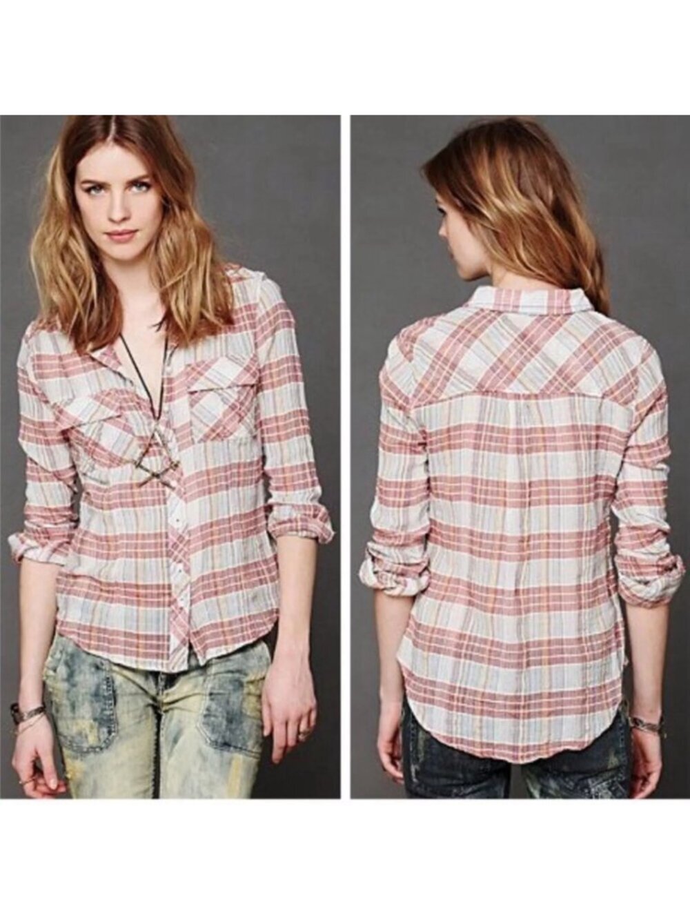 Free People We The Free Plaid Crepe Blouse Medium Cotton Boho Casual Festival